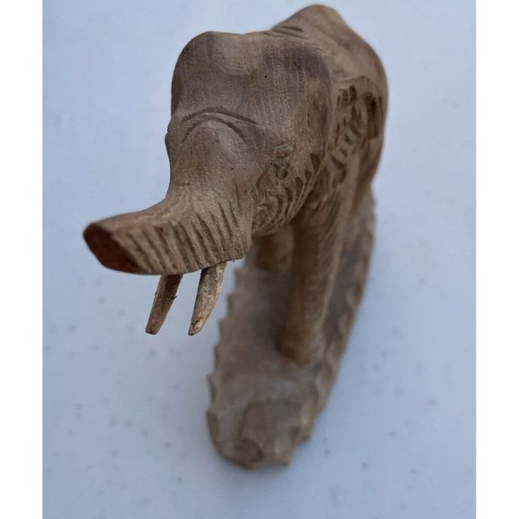 Vintage Hand Carved Wooden Elephant Statue Figurine Rare Trunk Up Good Luck - Picture 8 of 12